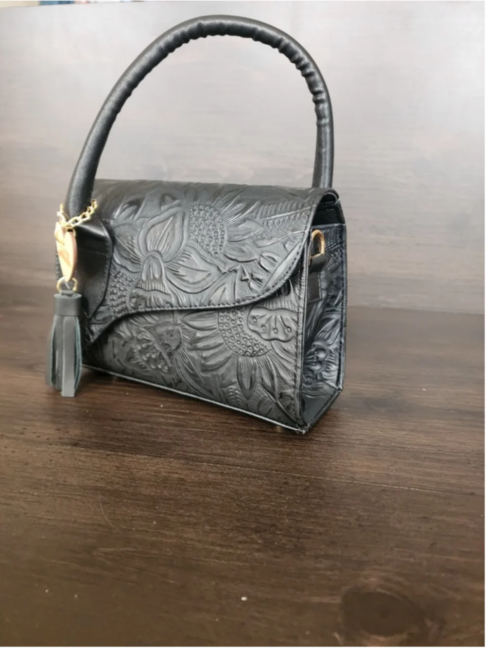 Black Sunflower Embossed Tooled Artisan LEATHER Crossbody Bag Purse Handbag